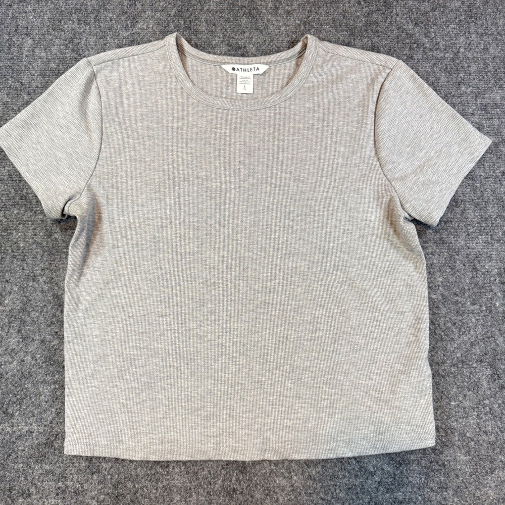 Athleta Ribbed Short Sleeve Crew Neck T-Shirt Women Large Gray Minimalist Yoga